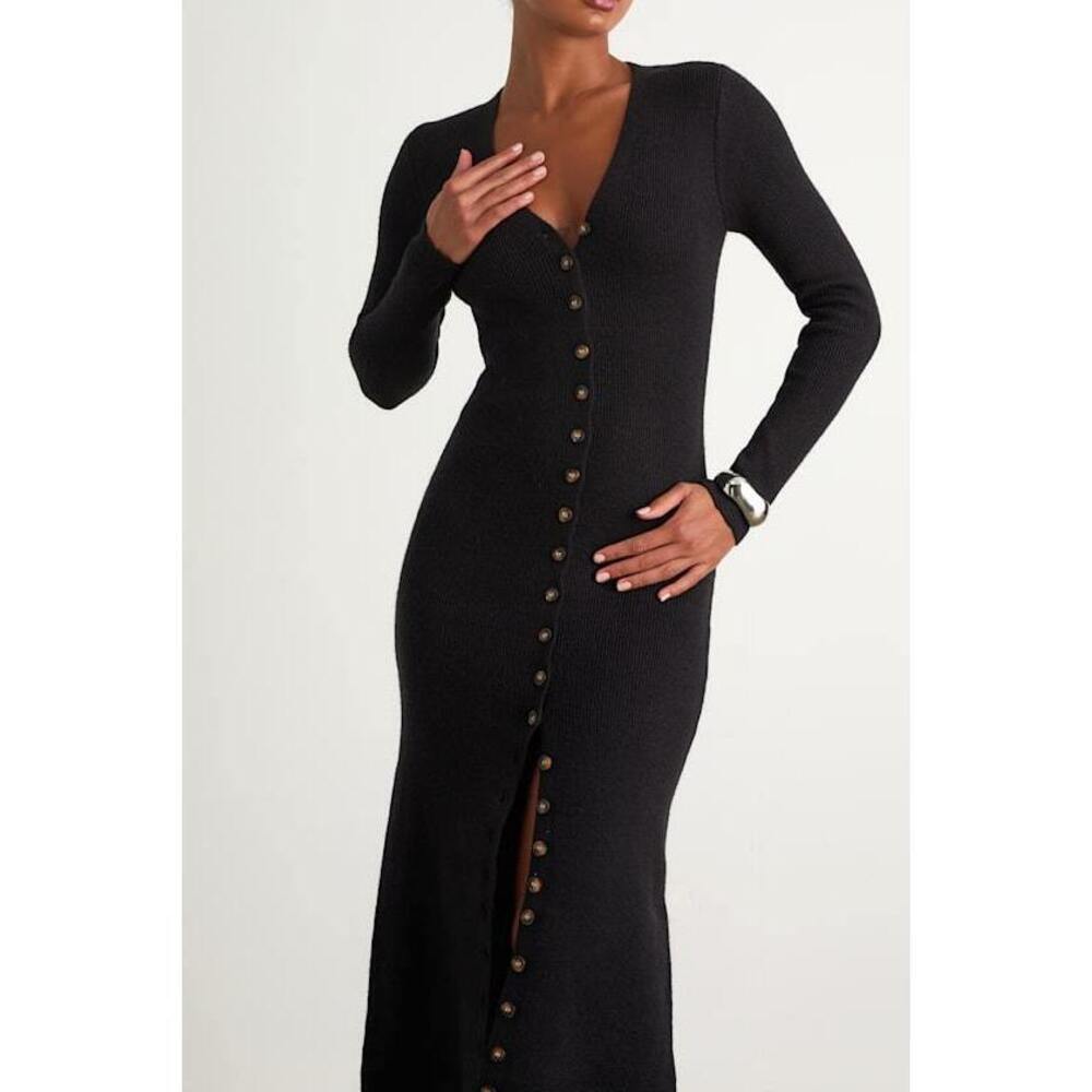 Lulus Cold Weather Crush Black Button-up Sweater Midi Dress - Size M